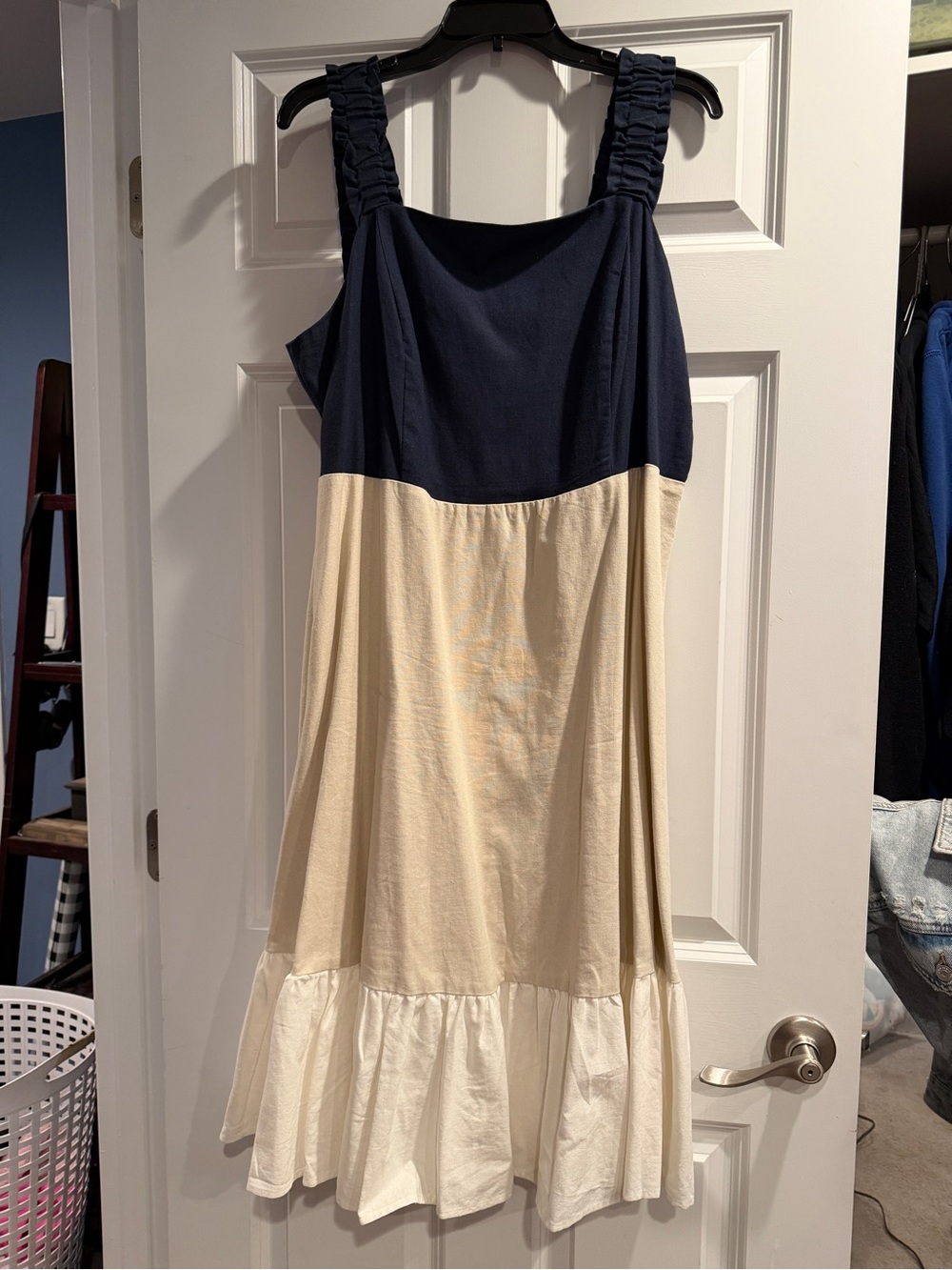 Navy, Beige & White Textured Elastic Back Dress by 2seven